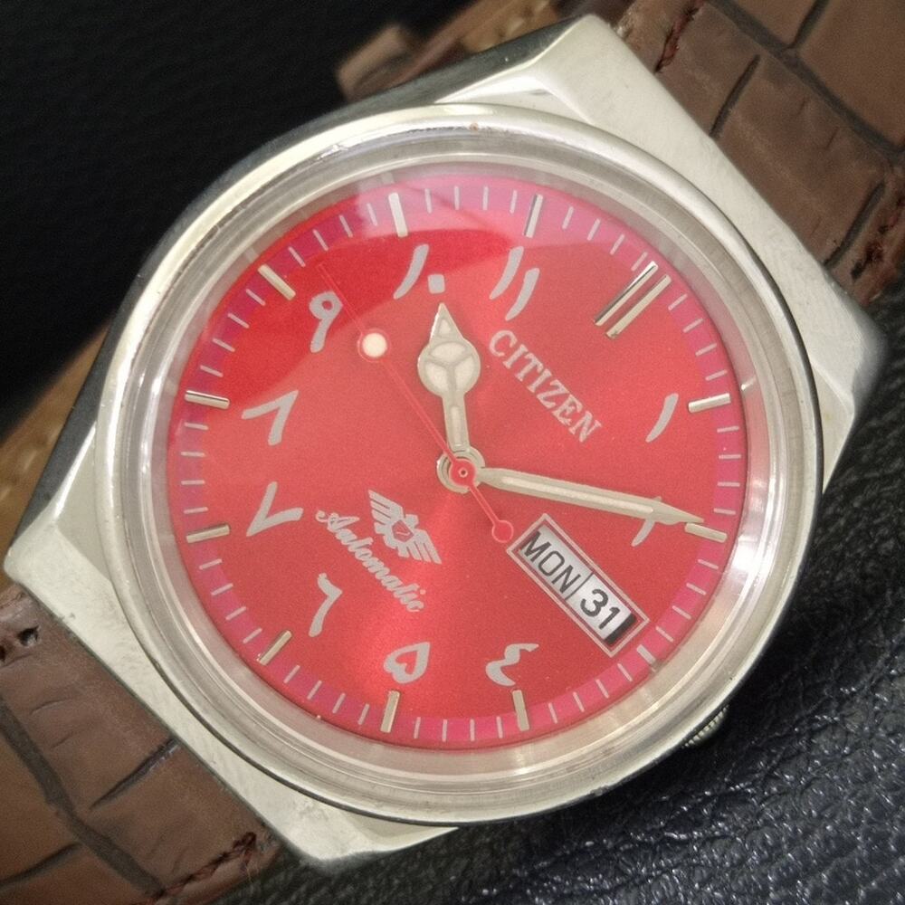 Vintage 1984 Citizen Automatic Mens Silver Watch W/daydate & Red accents